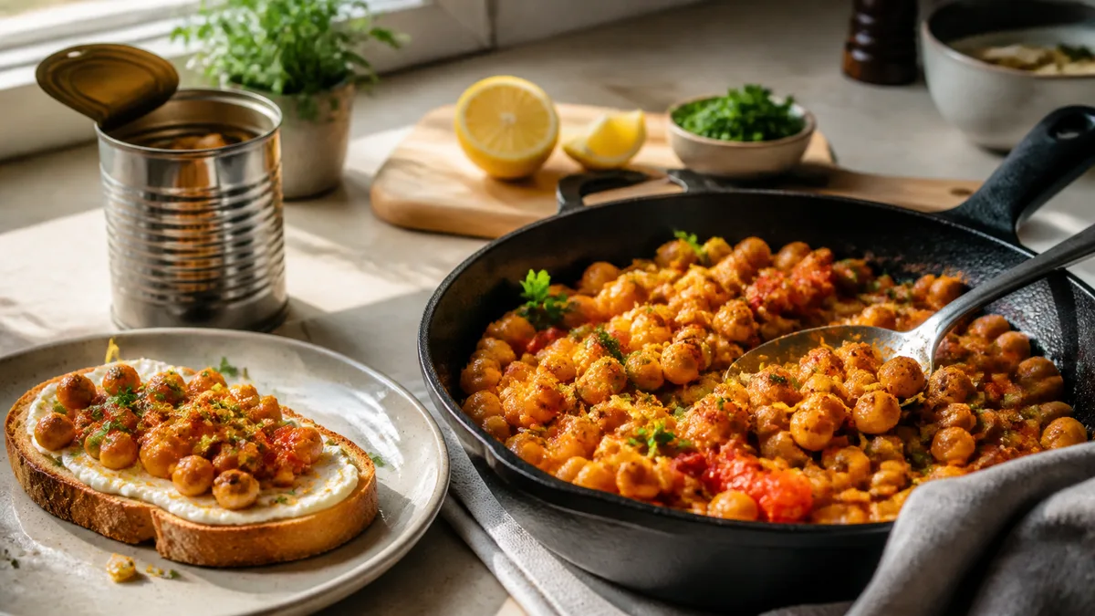 Golden seasoned chickpeas in a cast-iron skillet beside chickpea toast, lemon and fresh herbs.