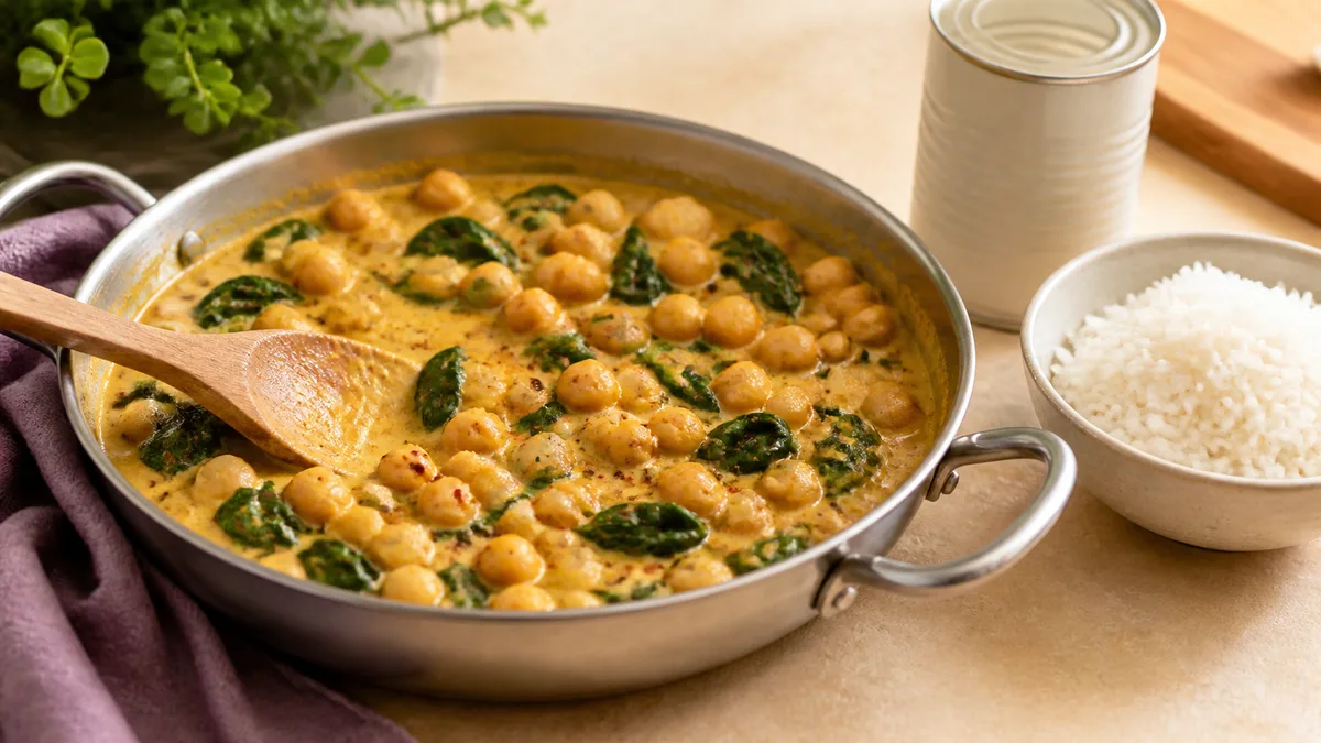 Creamy chickpea and spinach coconut milk sauce in a shallow metal pan beside a bowl of white rice and an unlabelled open can on a pale kitchen counter.