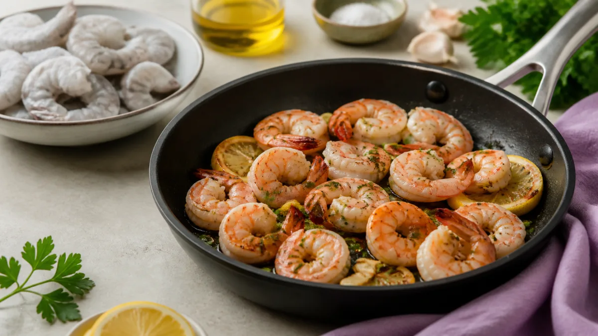 Tender cooked shrimp with lemon, garlic and parsley in a dark skillet, beside a bowl of frosty raw shrimp on a pale kitchen counter.