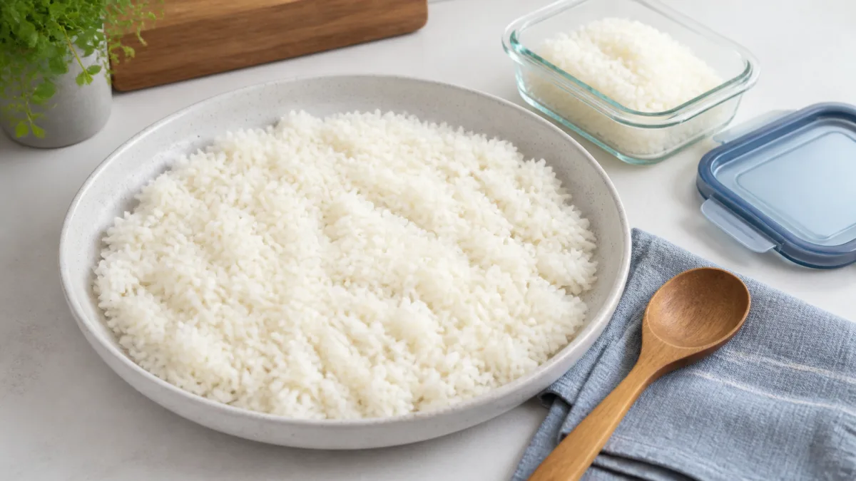 Cooked white rice cooling in a shallow ceramic dish beside a reusable food container and wooden spoon.