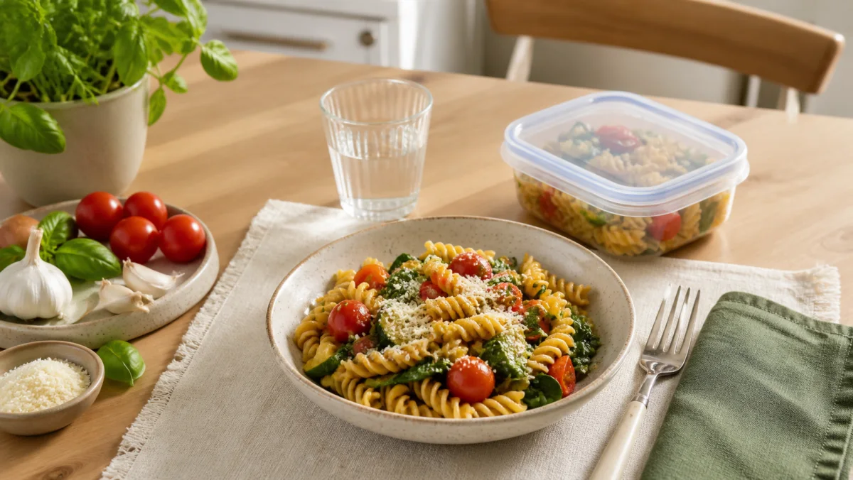 Single bowl of vegetable pasta set for one beside a container of leftovers.
