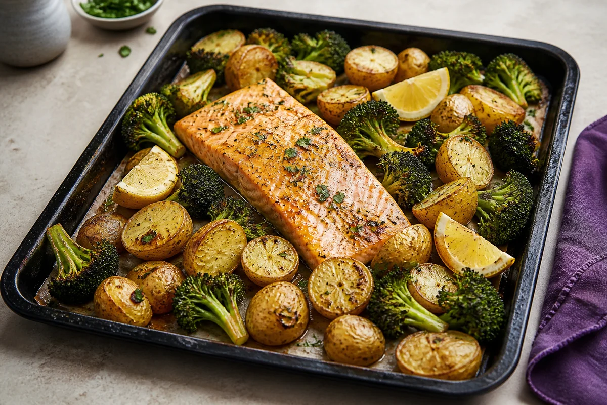Roasted salmon with baby potatoes, broccoli and lemon wedges on a dark baking tray beside a violet kitchen cloth.