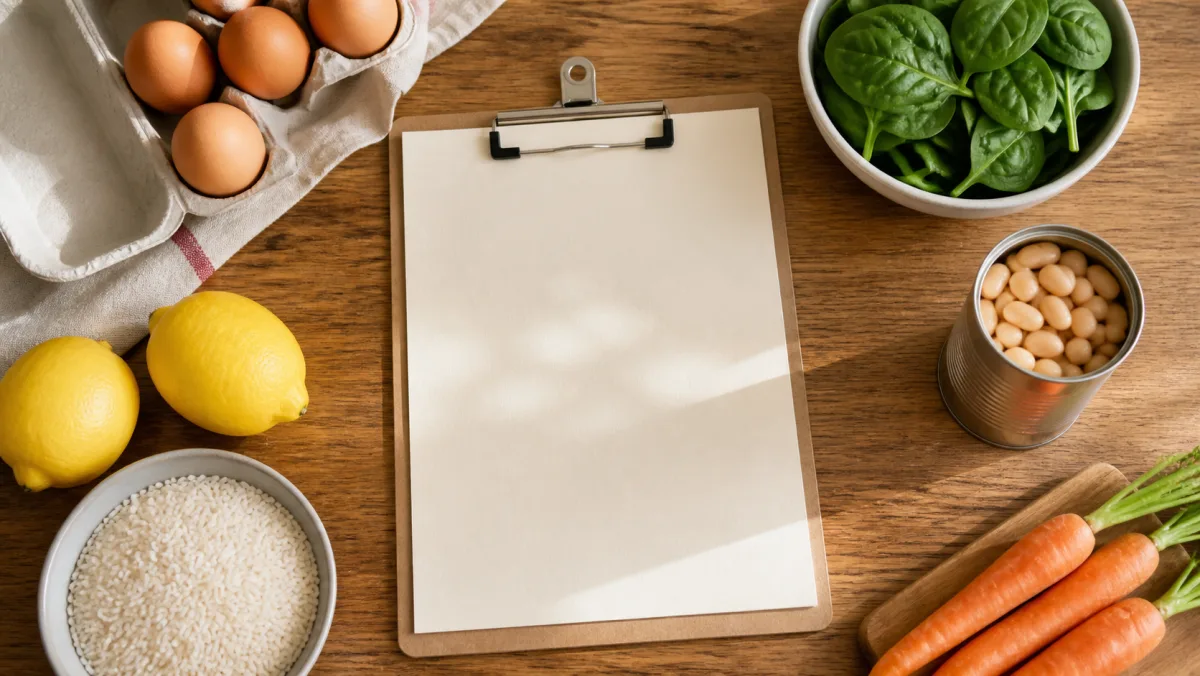 Blank weekly grocery list on a clipboard, surrounded by eggs, spinach, beans, lemons, rice and carrots on a wooden kitchen table.