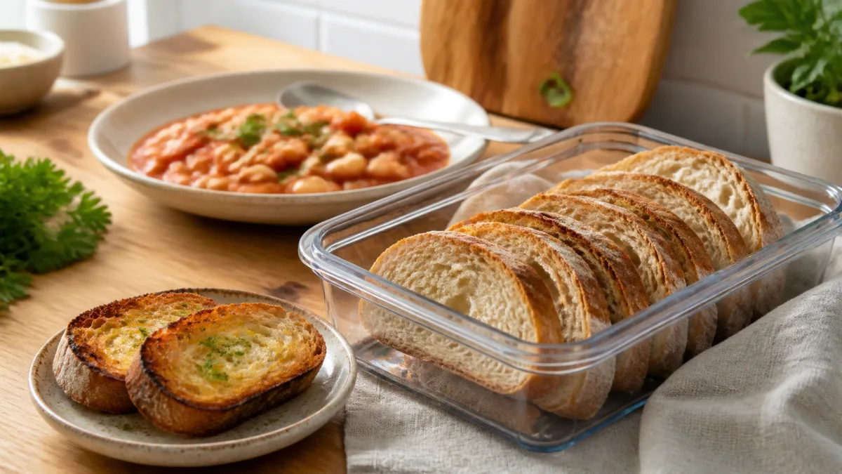 Sliced crusty bread stored in a clear freezer-safe container, with toasted bread and a bowl of beans in tomato sauce nearby.