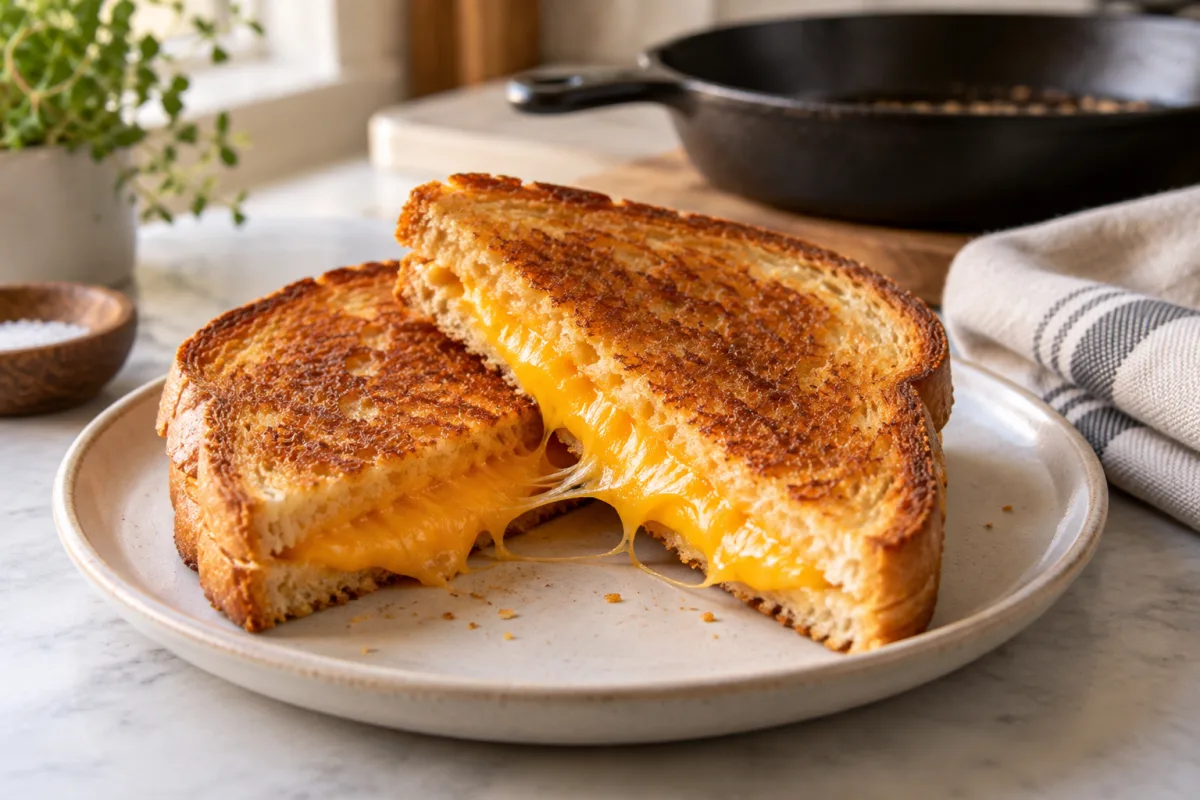 A golden grilled cheese sandwich cut in half with melted cheddar on a ceramic plate, beside a skillet on a kitchen counter.