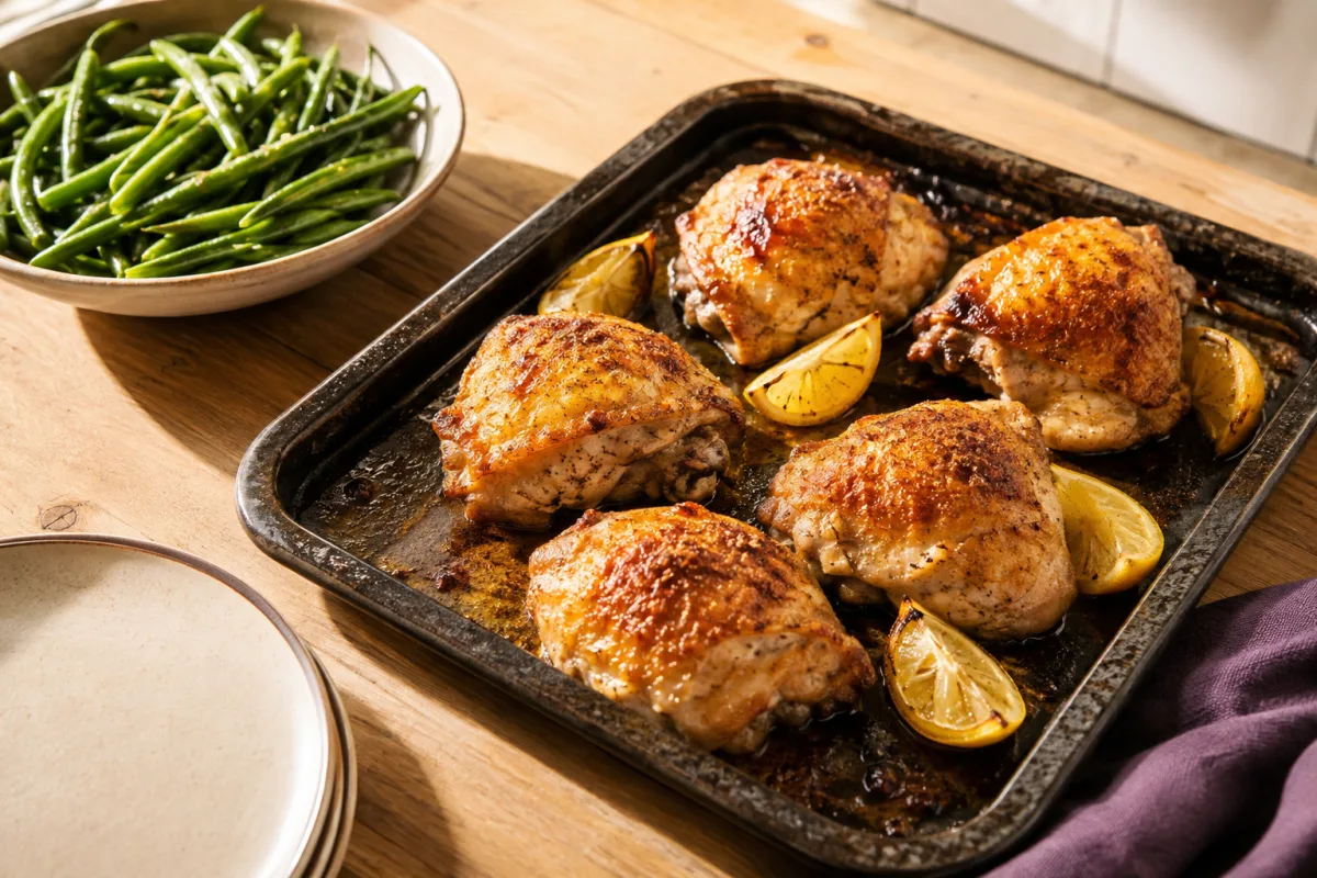 Golden baked chicken thighs with crisp skin on a dark roasting tray, served with lemon wedges and green beans on a wooden table.