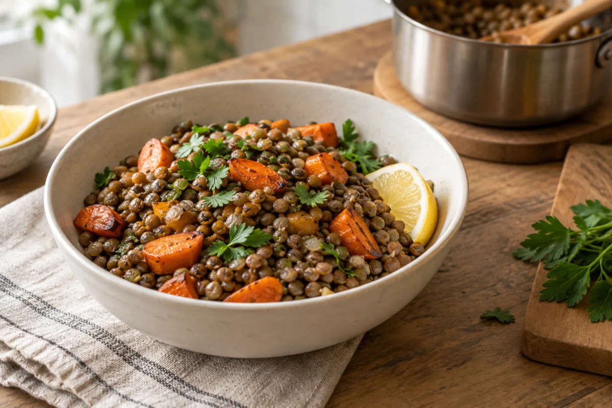 Bowl of tender cooked brown lentils with roasted carrots, parsley and a lemon wedge on a wooden table, with a saucepan in the background.