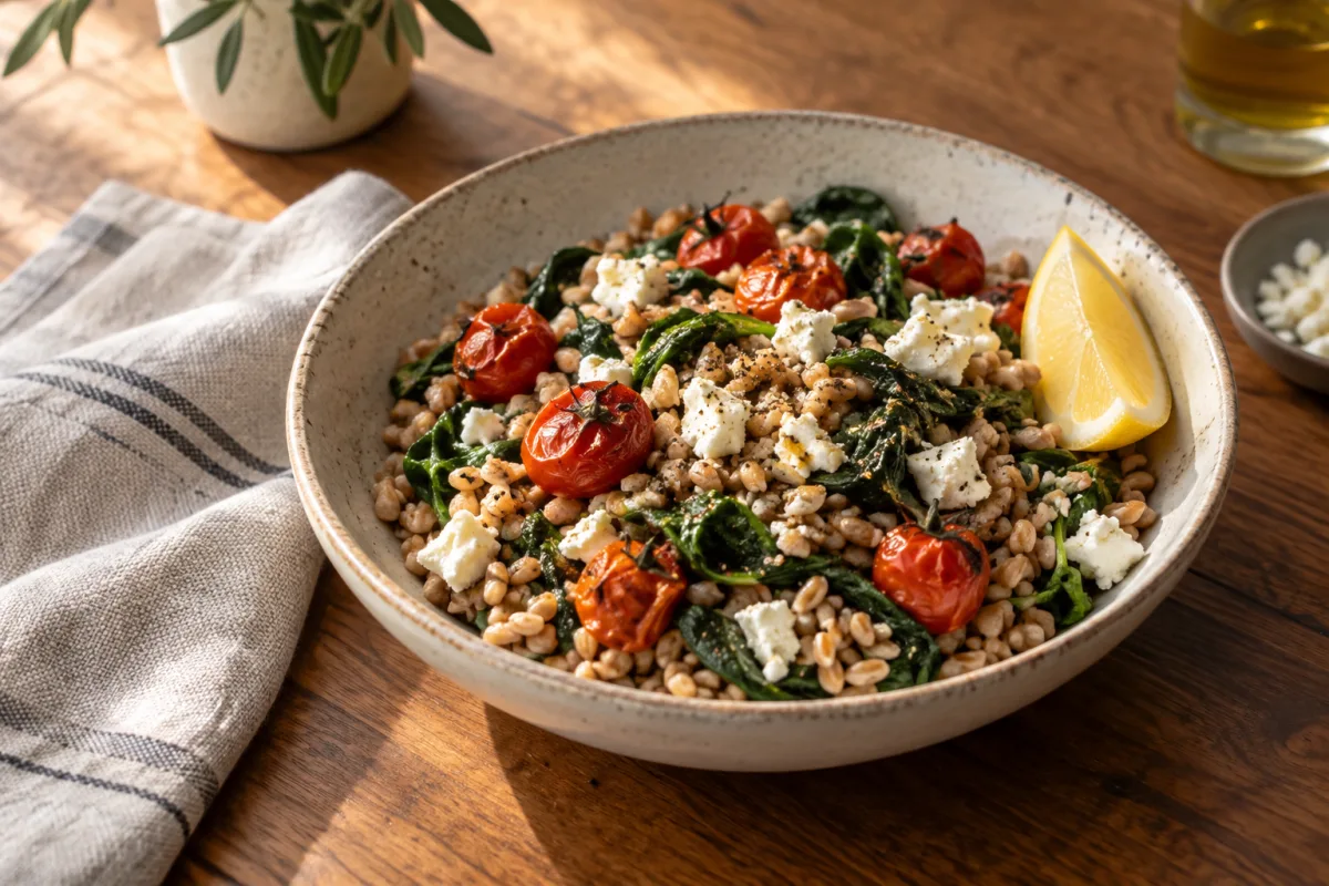A ceramic bowl of cooked farro with roasted cherry tomatoes, wilted greens, crumbled feta and a lemon wedge on a wooden table.