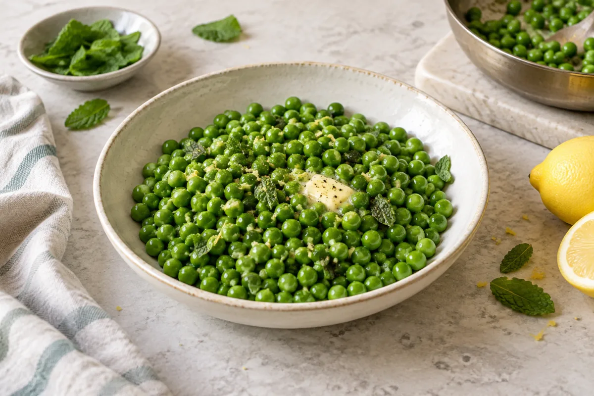 Bright green cooked frozen peas in a pale ceramic bowl with butter, mint, lemon and a small pan in the background.