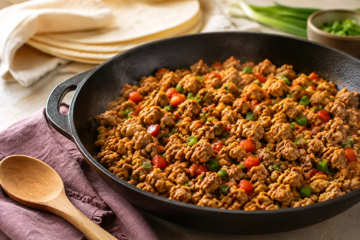 Cooked ground turkey with red pepper and scallions in a dark skillet, with warm tortillas and a wooden spoon nearby.