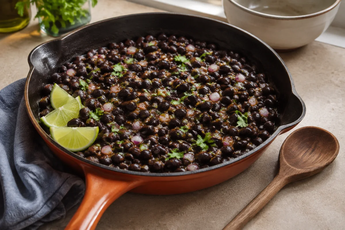 Seasoned black beans in a terracotta skillet with diced red onion, cilantro, lime wedges and a wooden spoon on a kitchen counter.