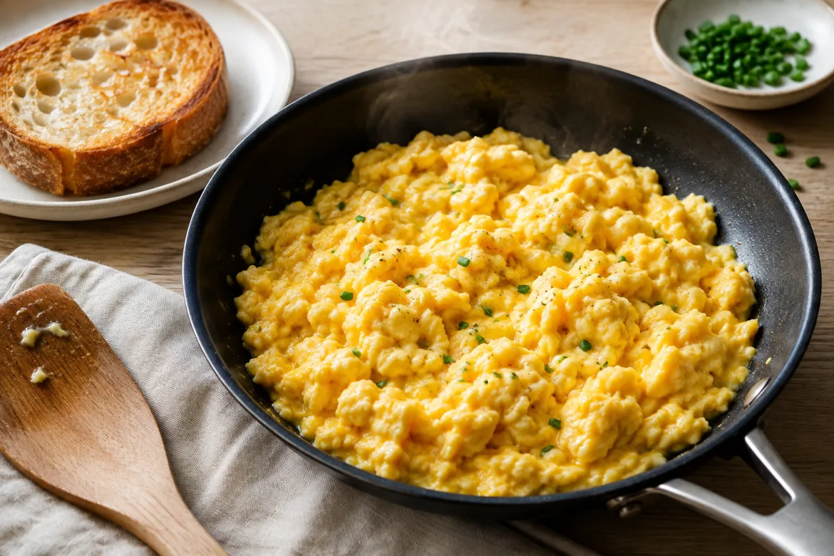 Creamy soft scrambled eggs with chopped chives in a dark skillet, with toasted sourdough and a wooden spatula on a light wood table.