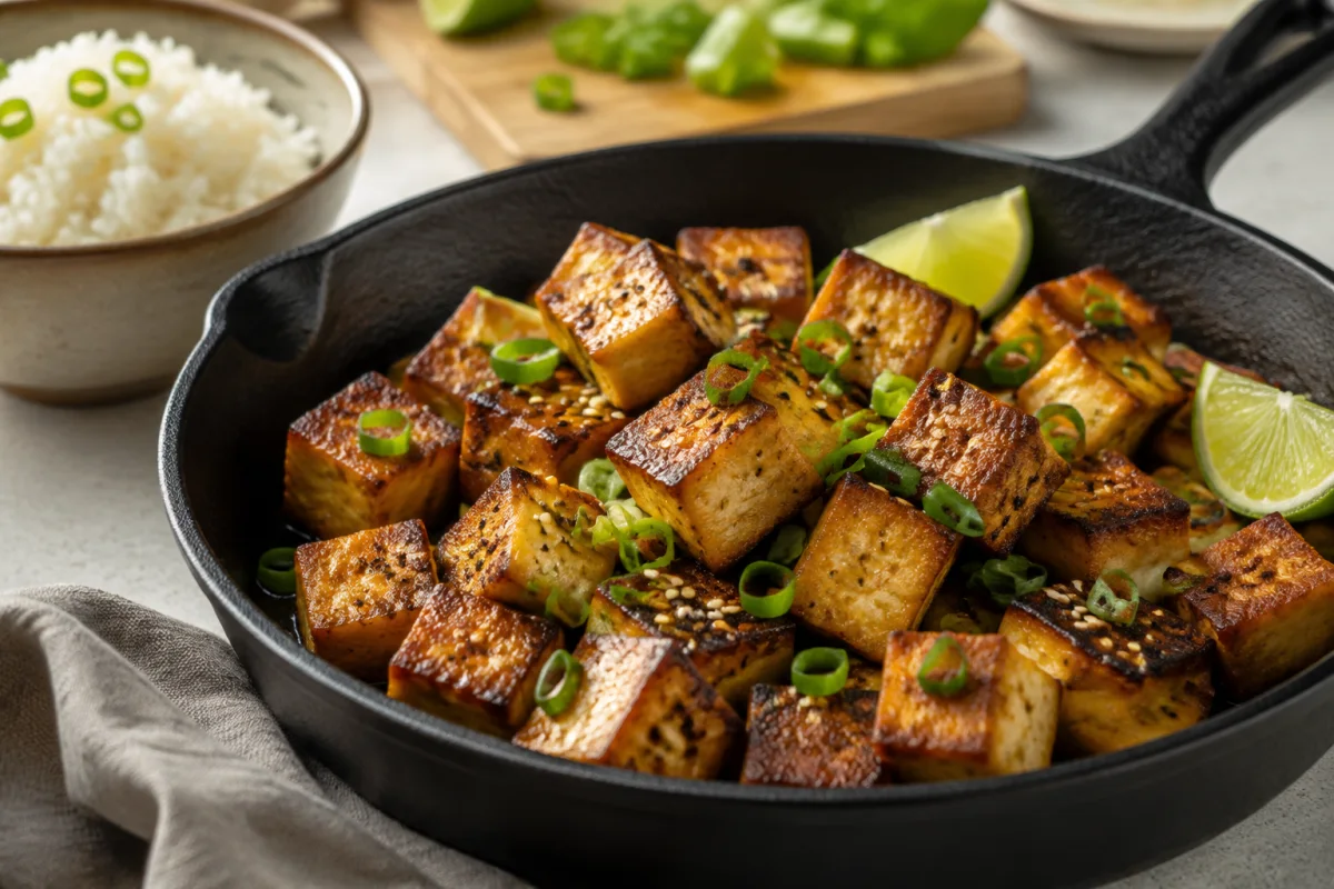 Golden crispy tofu cubes in a dark cast-iron skillet with sliced scallions, sesame seeds, lime wedges and a bowl of rice in the background.
