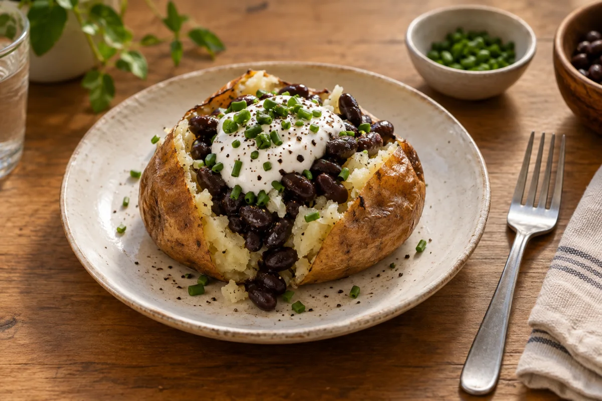 A fluffy split microwave baked potato topped with yogurt, chives and black beans on a ceramic plate, with a fork alongside.