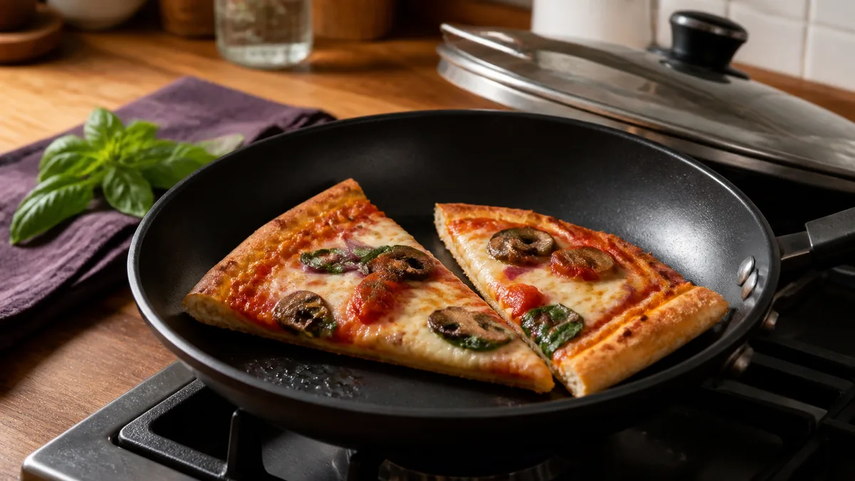 Two vegetable pizza slices reheating in a black frying pan beside a glass lid, with basil on a purple kitchen towel.