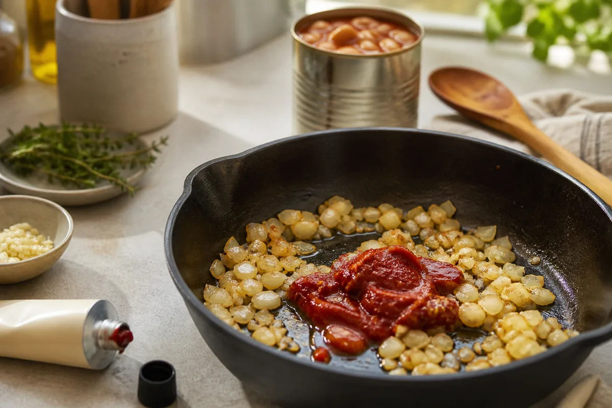 Tomato paste warming with diced onion in a cast-iron skillet, with an unlabelled tube and a can of beans nearby.
