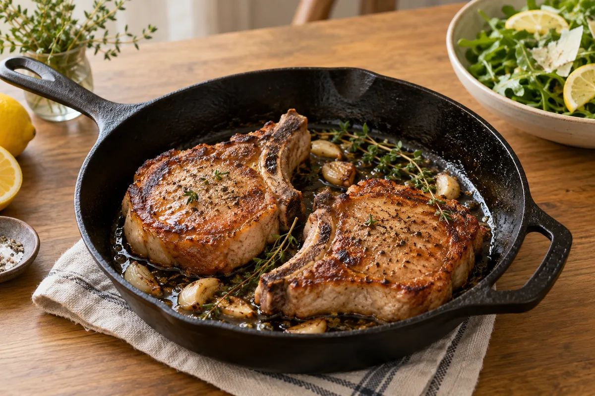 Two golden pan-seared pork chops with garlic and thyme in a cast-iron skillet, beside a lemony green salad.