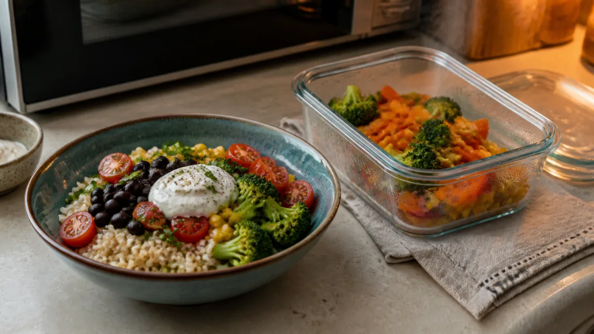 Colourful rice bowl with beans, steamed vegetables and a spoon of yogurt beside a microwave-safe glass dish on a kitchen counter.