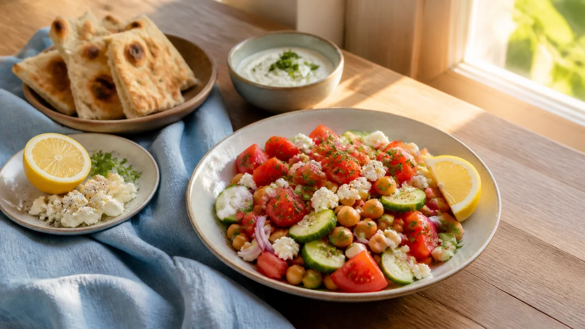 Chickpea, tomato, cucumber and feta salad with flatbread, lemon and a bowl of herbed yogurt on a sunlit table.