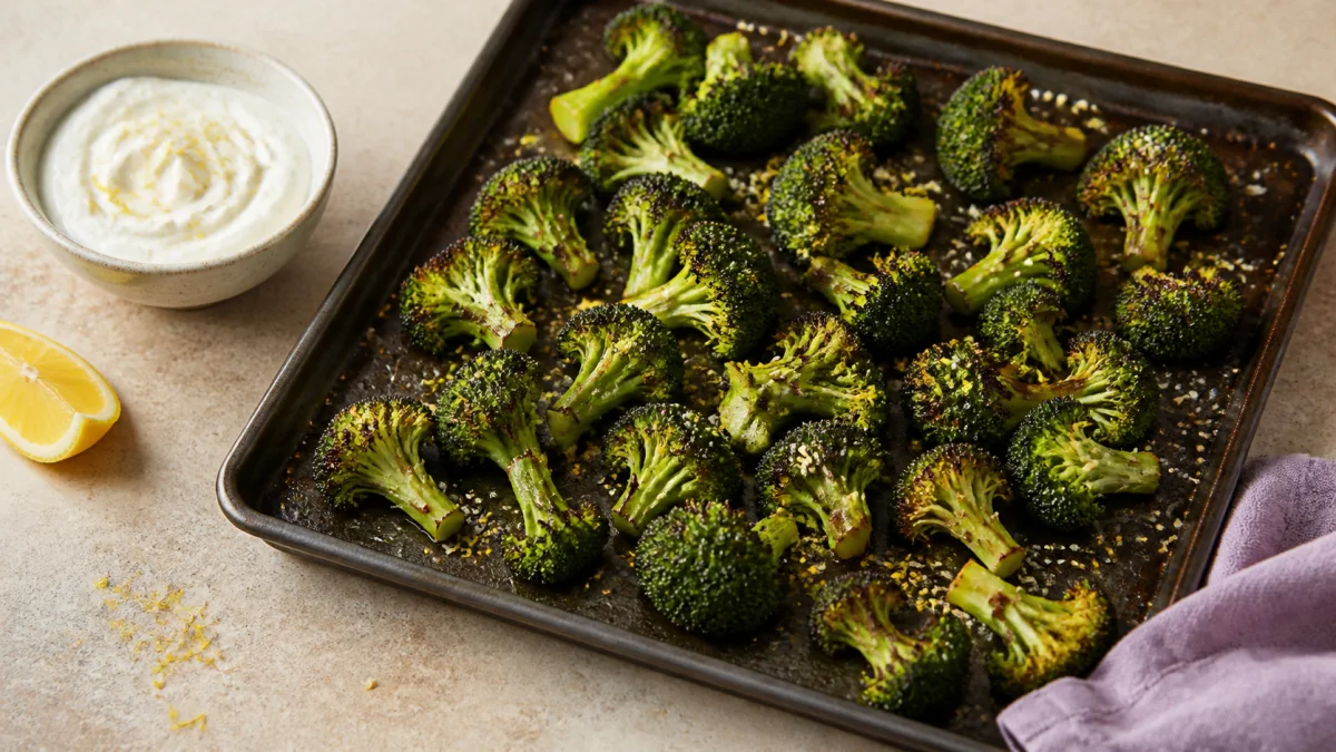 Roasted broccoli florets with crisp browned edges on a dark baking tray, beside lemony yogurt sauce and a lemon half.
