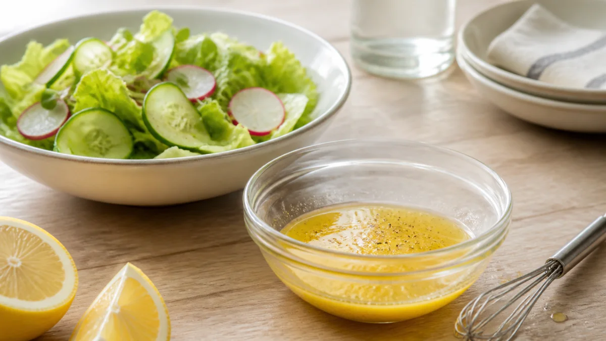 Small glass bowl of lemon and olive oil salad dressing with a whisk, beside crisp salad leaves, cucumber and radishes.