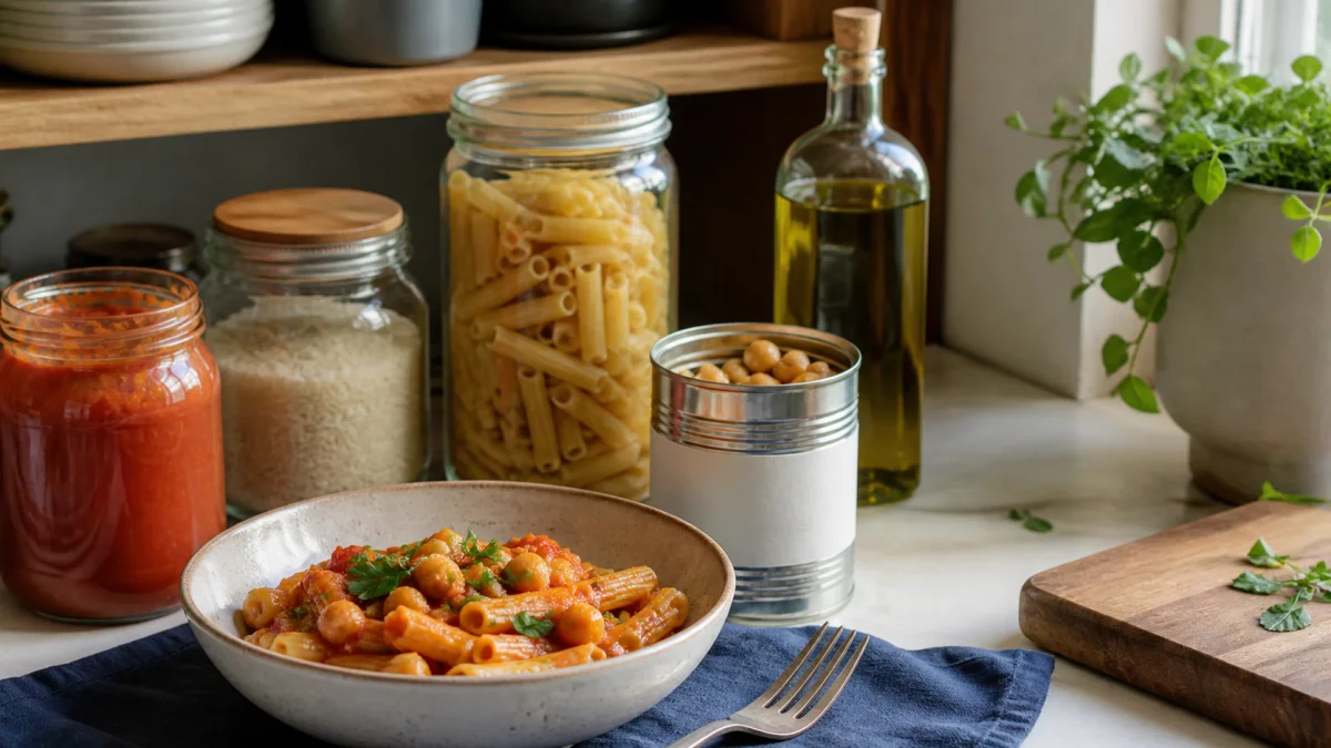 Chickpea tomato pasta in front of pasta, rice, tomato sauce, chickpeas and olive oil on a kitchen shelf.