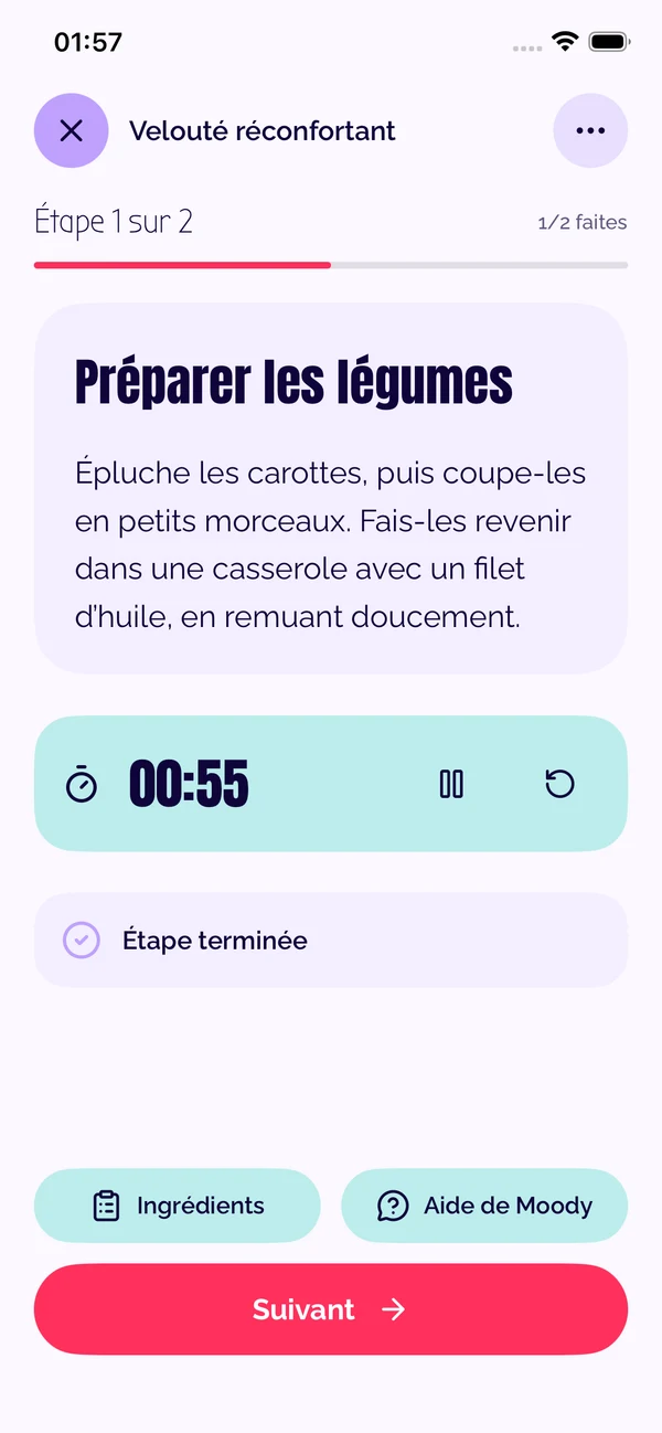 MoodDish on iPhone: preparation step, timer, ingredients and Moody’s help